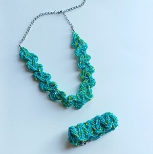 Teal Aqua Blue Braided Seed Bead Boho Festival Choker Necklace & Bracelet Set